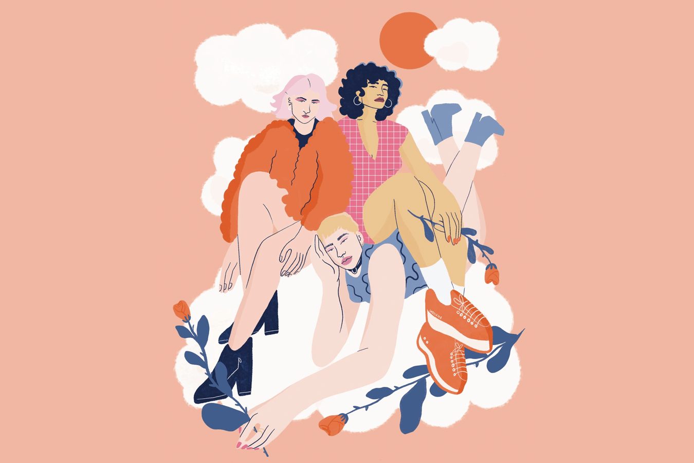 Young people illustration with clouds and roses.