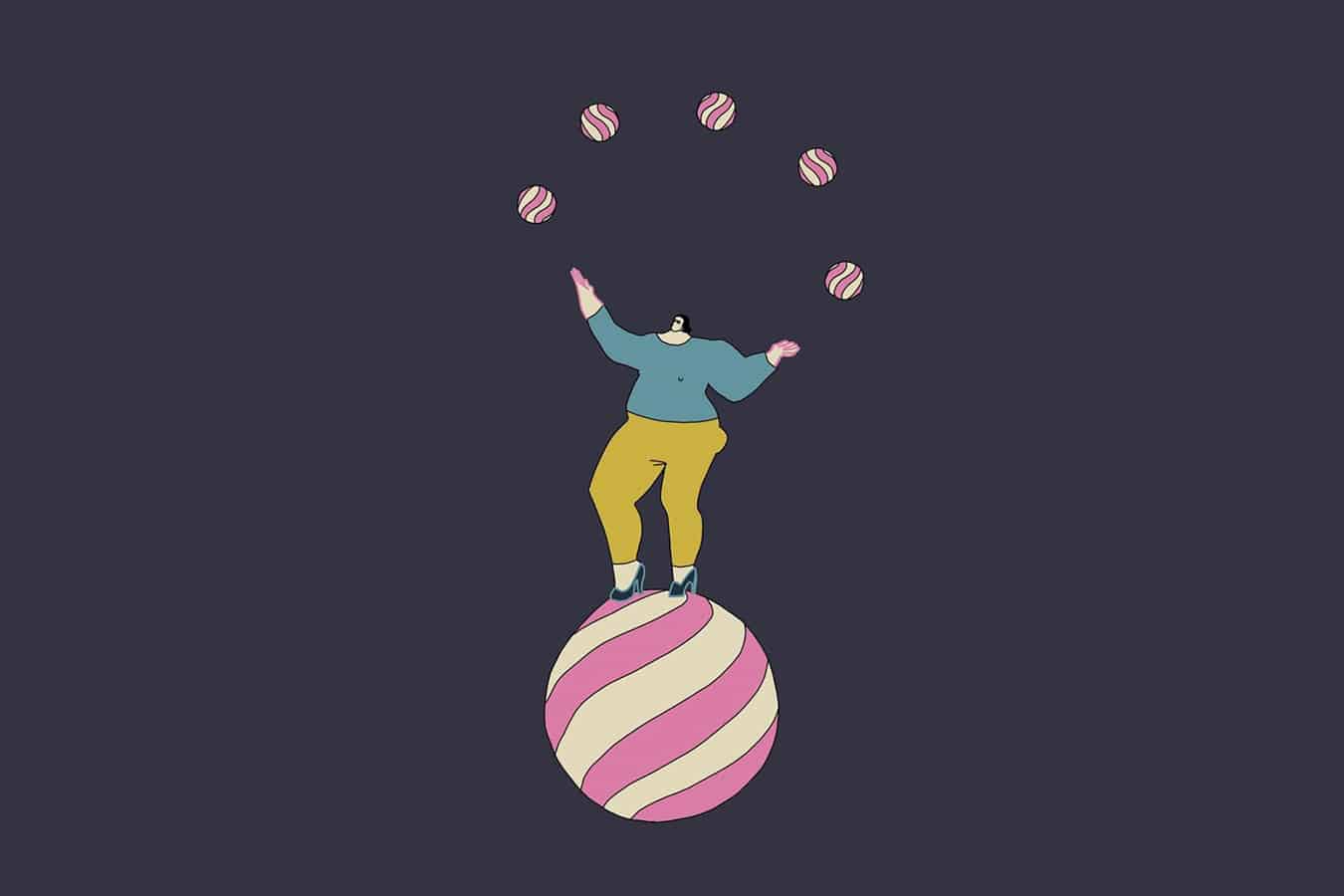 Illustrated person throwing ring of spheres.