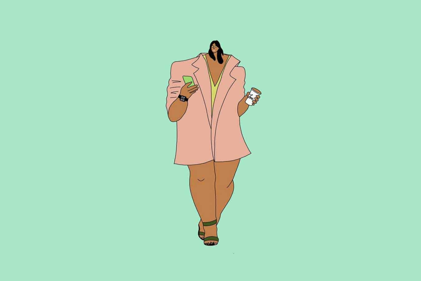Business woman with coffee and phone.