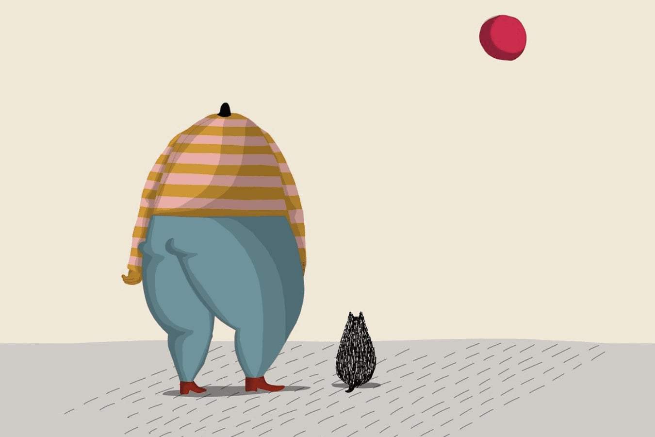 Red moon and person and cat looking on, illustration.