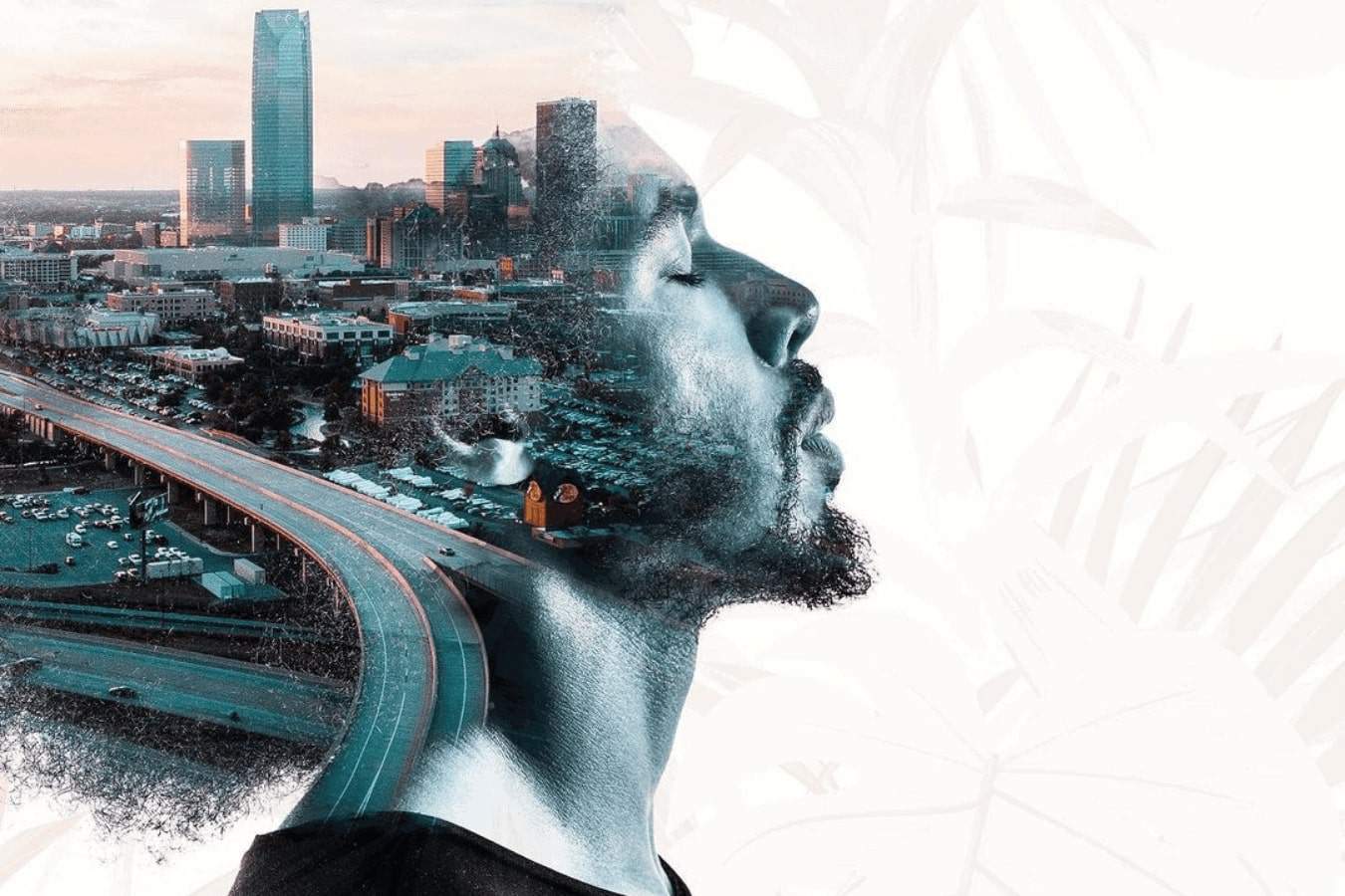 Corporate city with tranquil man silhouette.