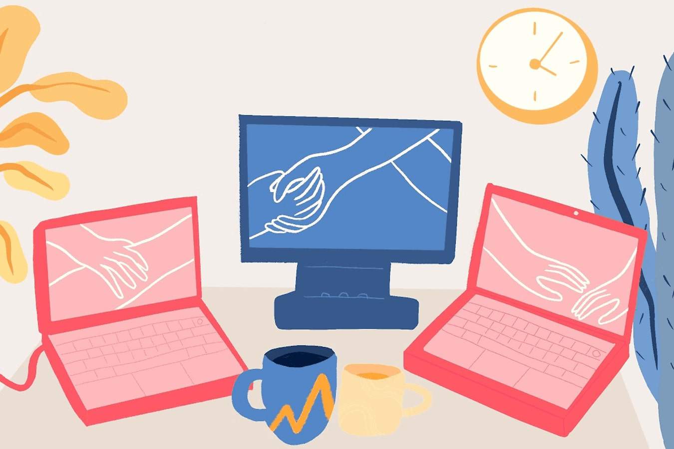 Hands holding across monitors.
