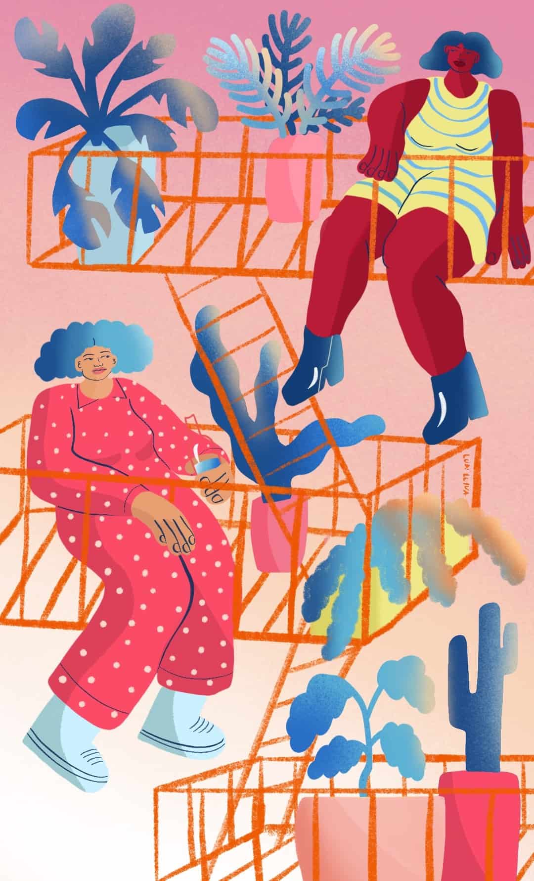 Climbing ladder with plants and people.