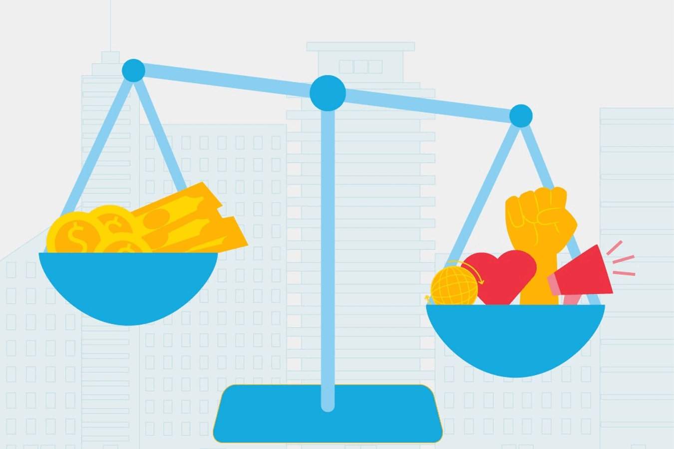 illustration of scale balancing money and values: when it comes to learning how to transform an organization, this is one mindset shift to make