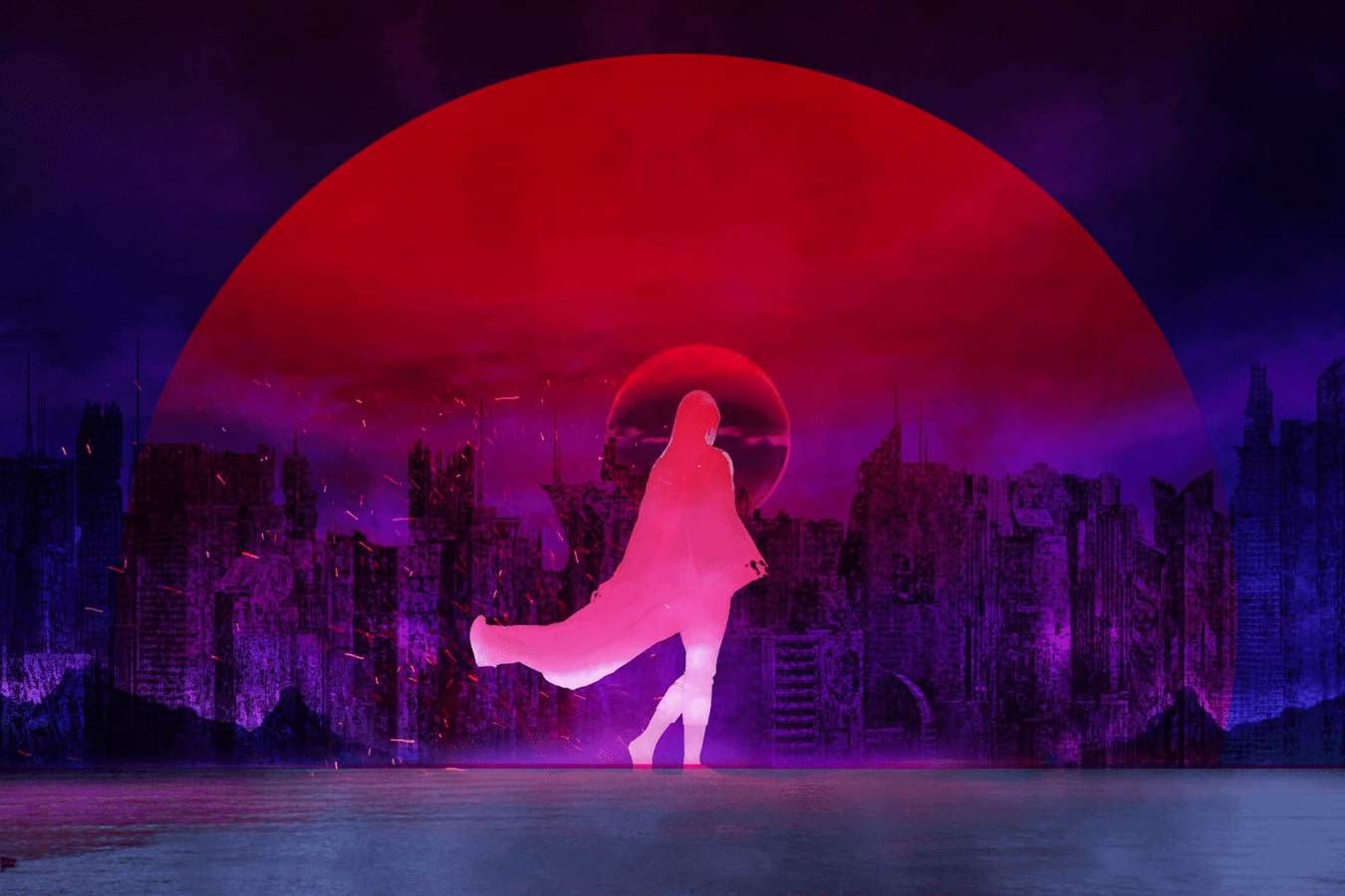 Red moon with person on horizon.