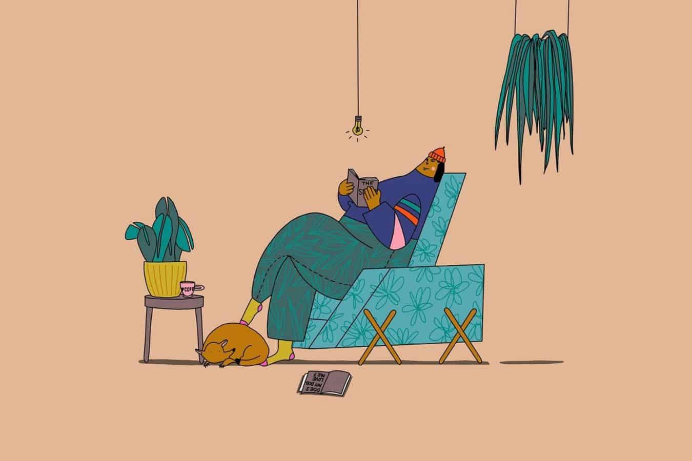 Illustration of person reading on chair.