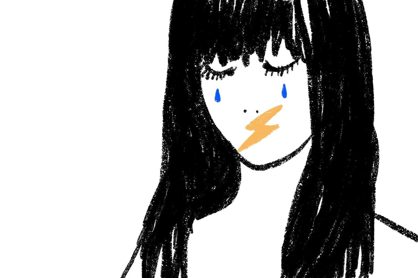 Woman with tears and lightening bolt over mouth.