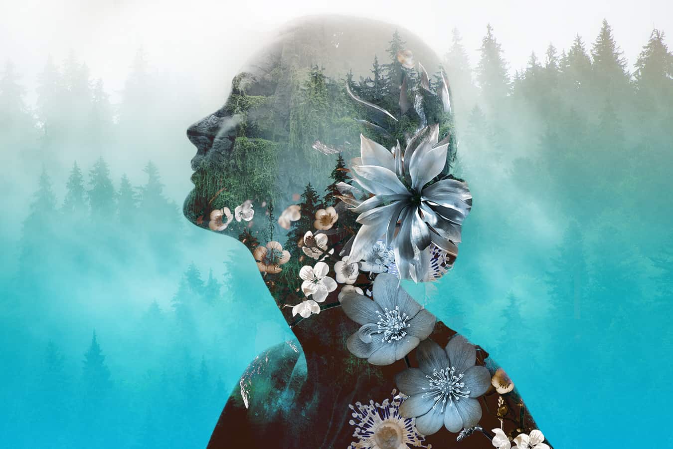 Silhouette of woman with flowers and forest background.