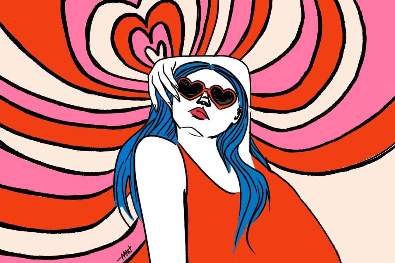 Heart retro design illustrated woman posing.