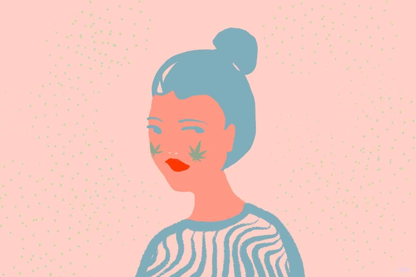 Cannabis on face of illustrated woman.