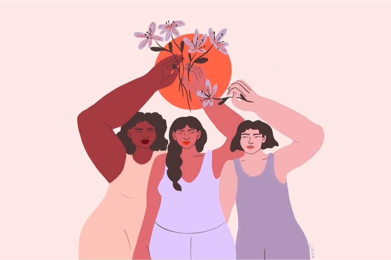 Three women holding flowers.