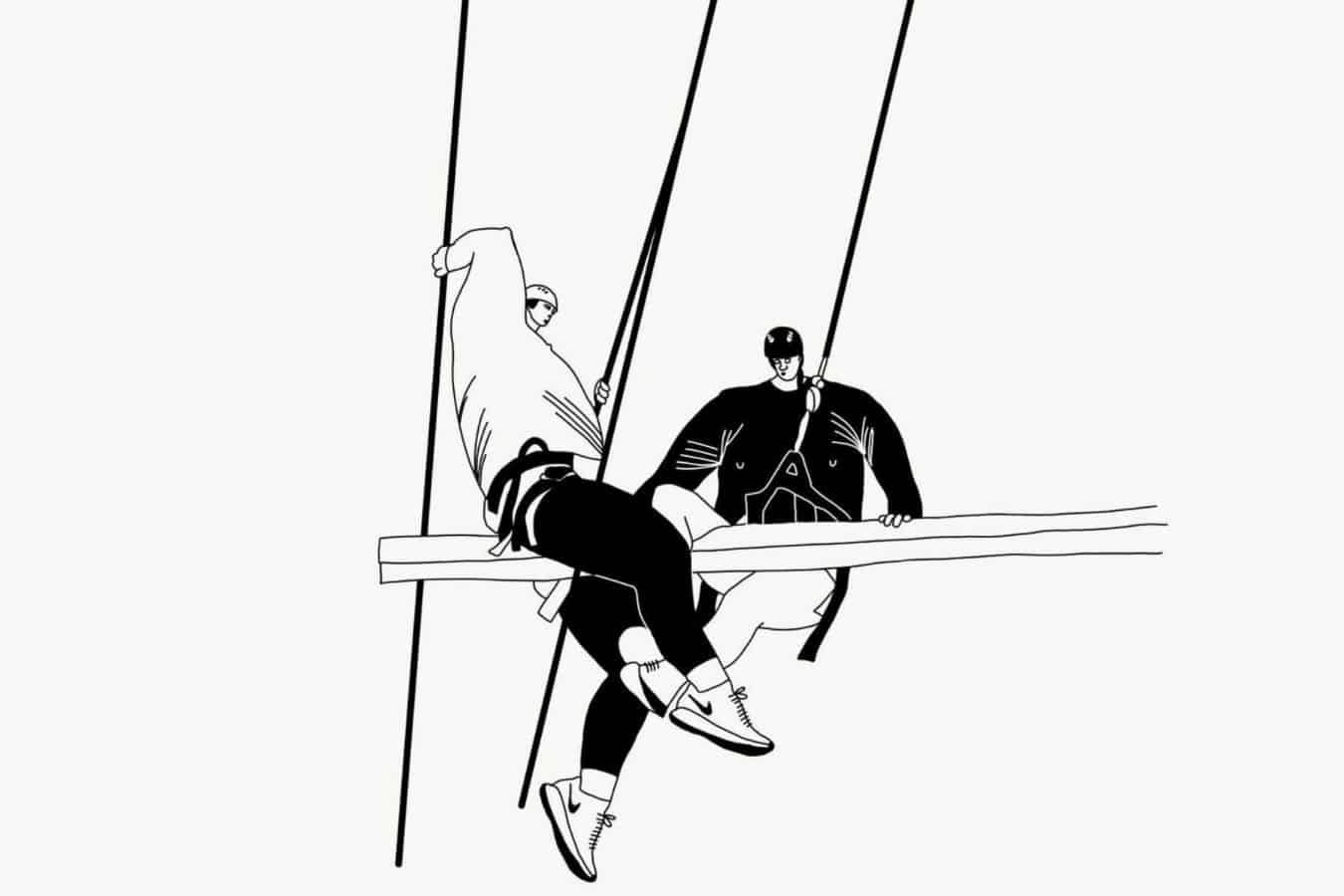 illustration of two people balancing on a tight rope: fractional employment can be a balancing act, but there are ways to keep these teammates fully invested