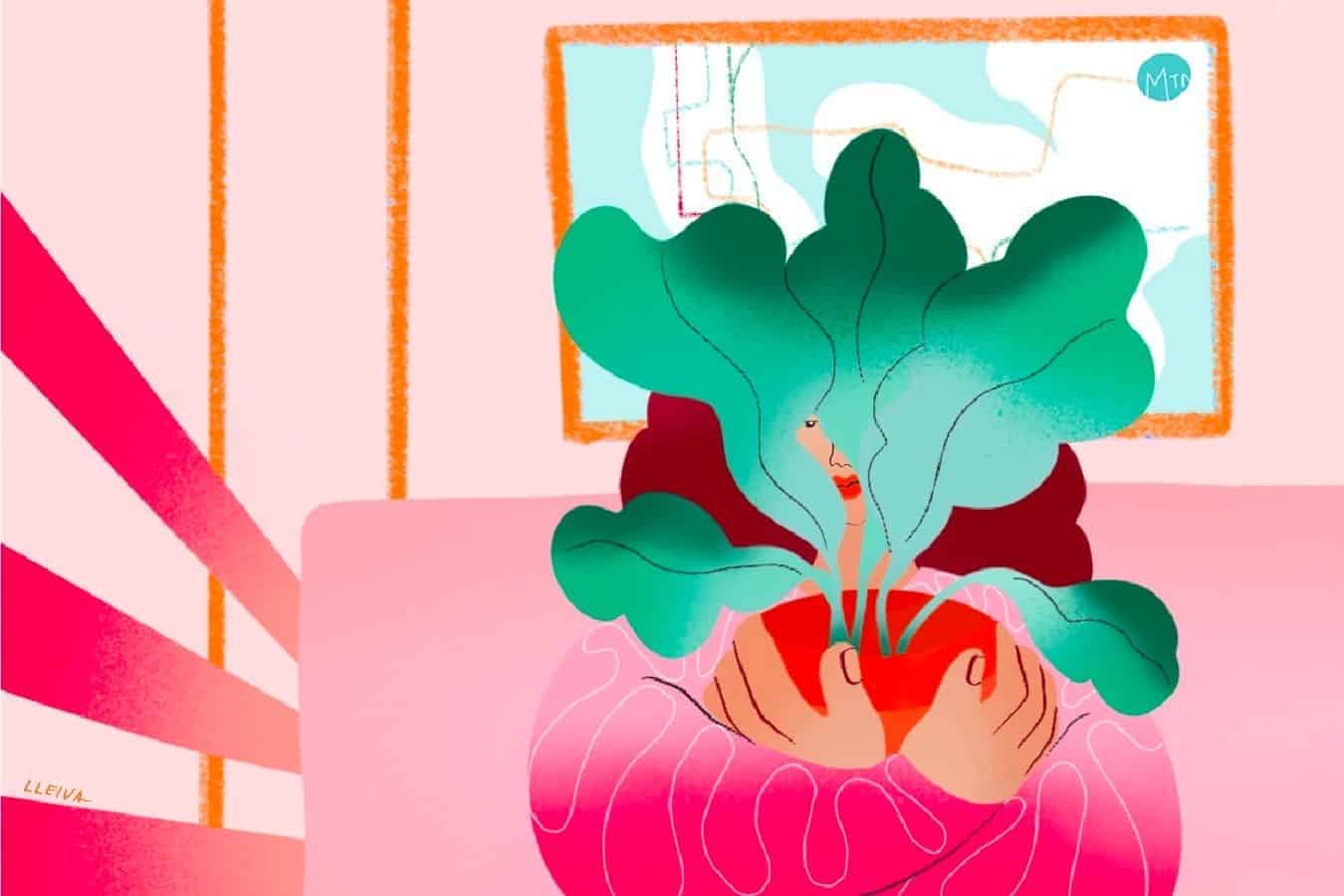 Illustration by Ludi Leiva of a woman holding a plant - representing overcoming fears