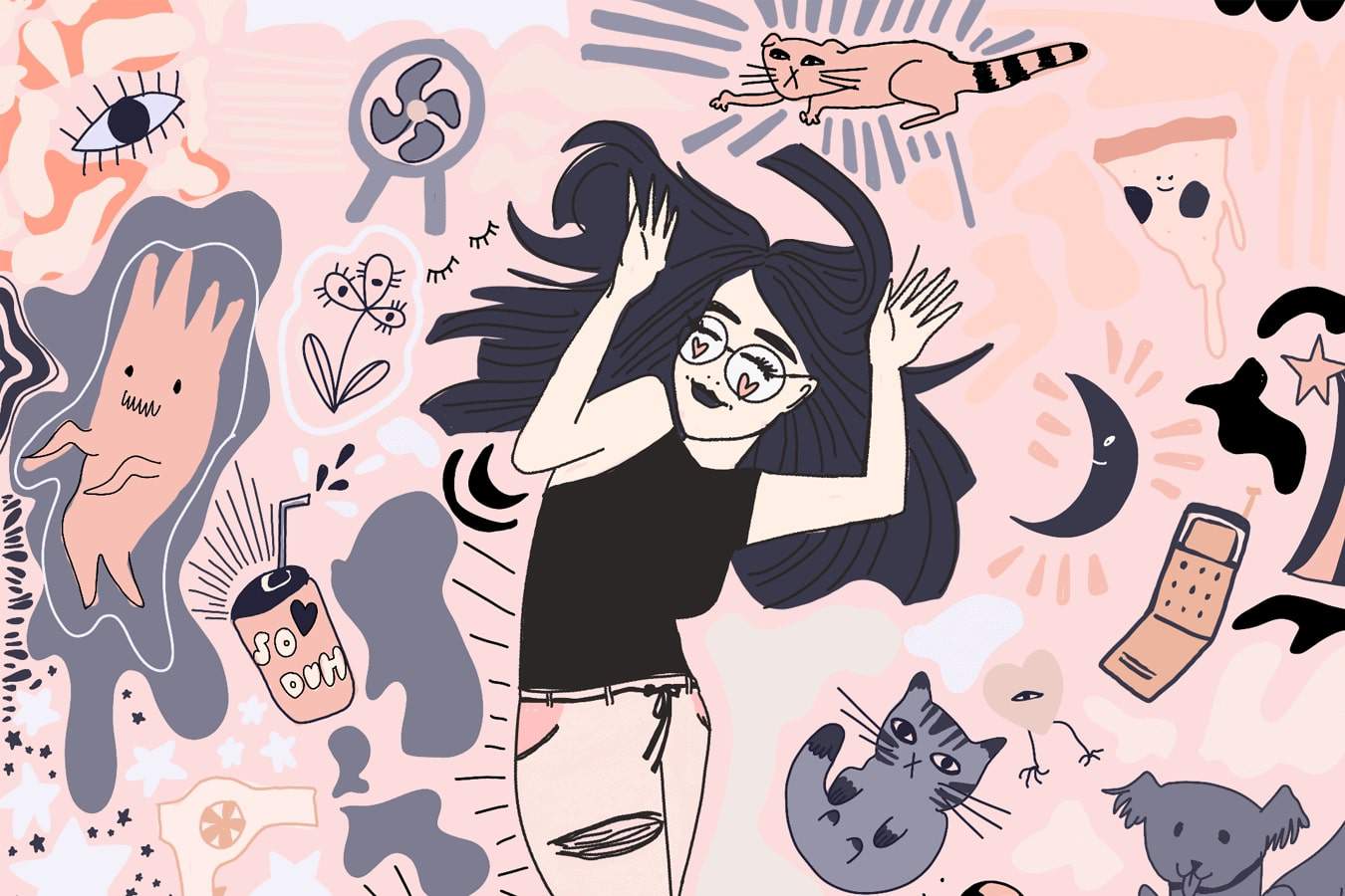 Illustrated woman with her interests around her.