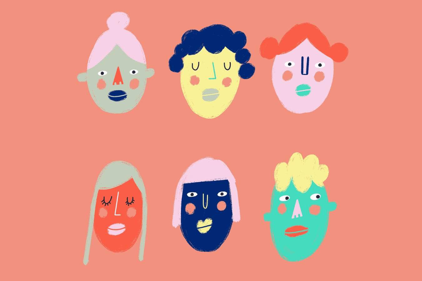 Colorful faces illustrated.