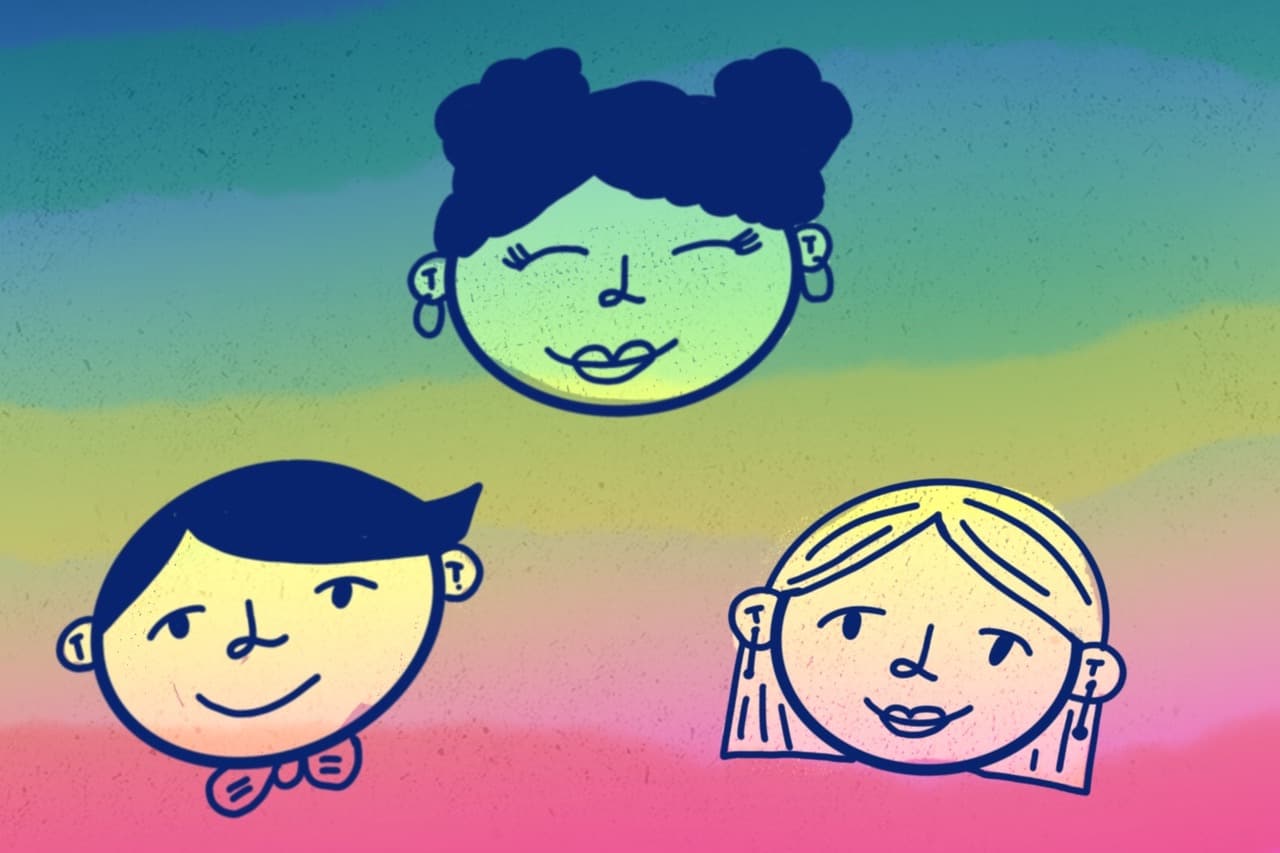 Illustrated faces on colorful background.