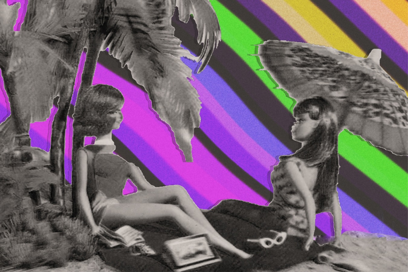 Illustration of dolls on a beach enjoying time off by Allison Tanenhaus.