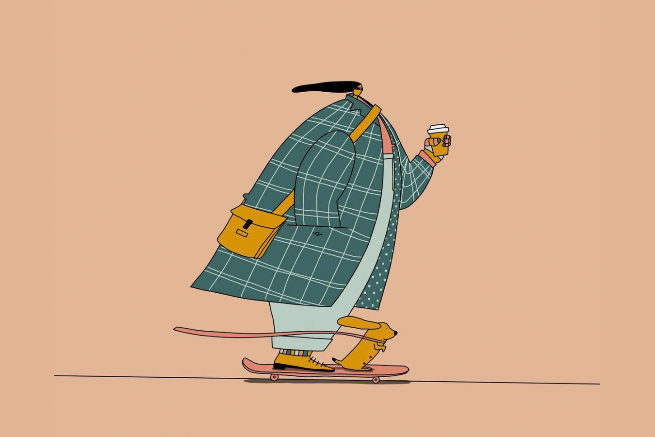 Illustration by Monica Torrejon: Person going to work on a skateboard