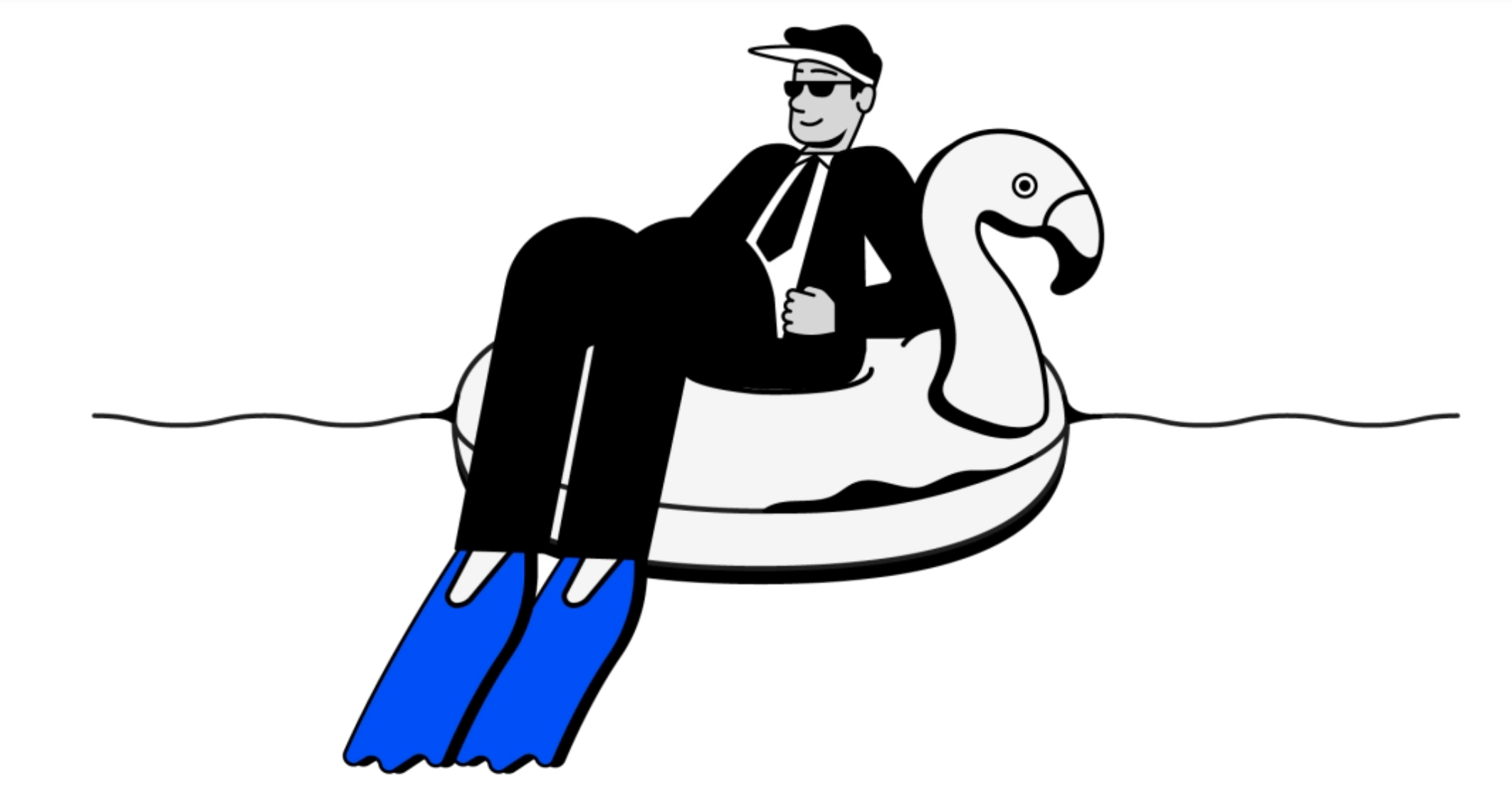 Man in work suit chilling on floaties in pool.