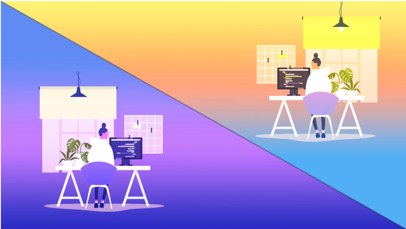 Working Freelance dual environments of employee working at desk.
