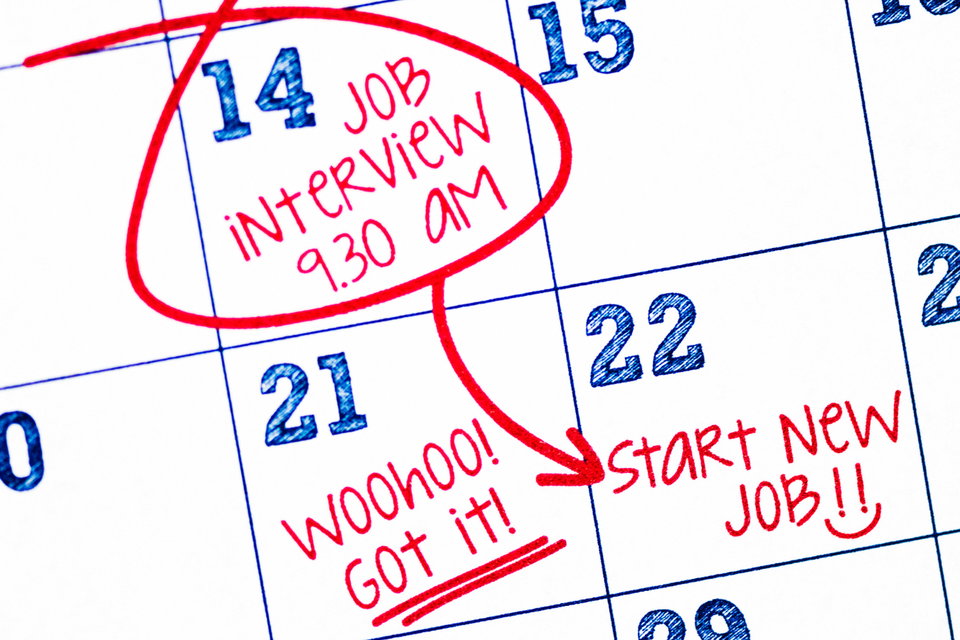 Calendar showing a job interview scheduled: these tips will help with your next marketing job interview.