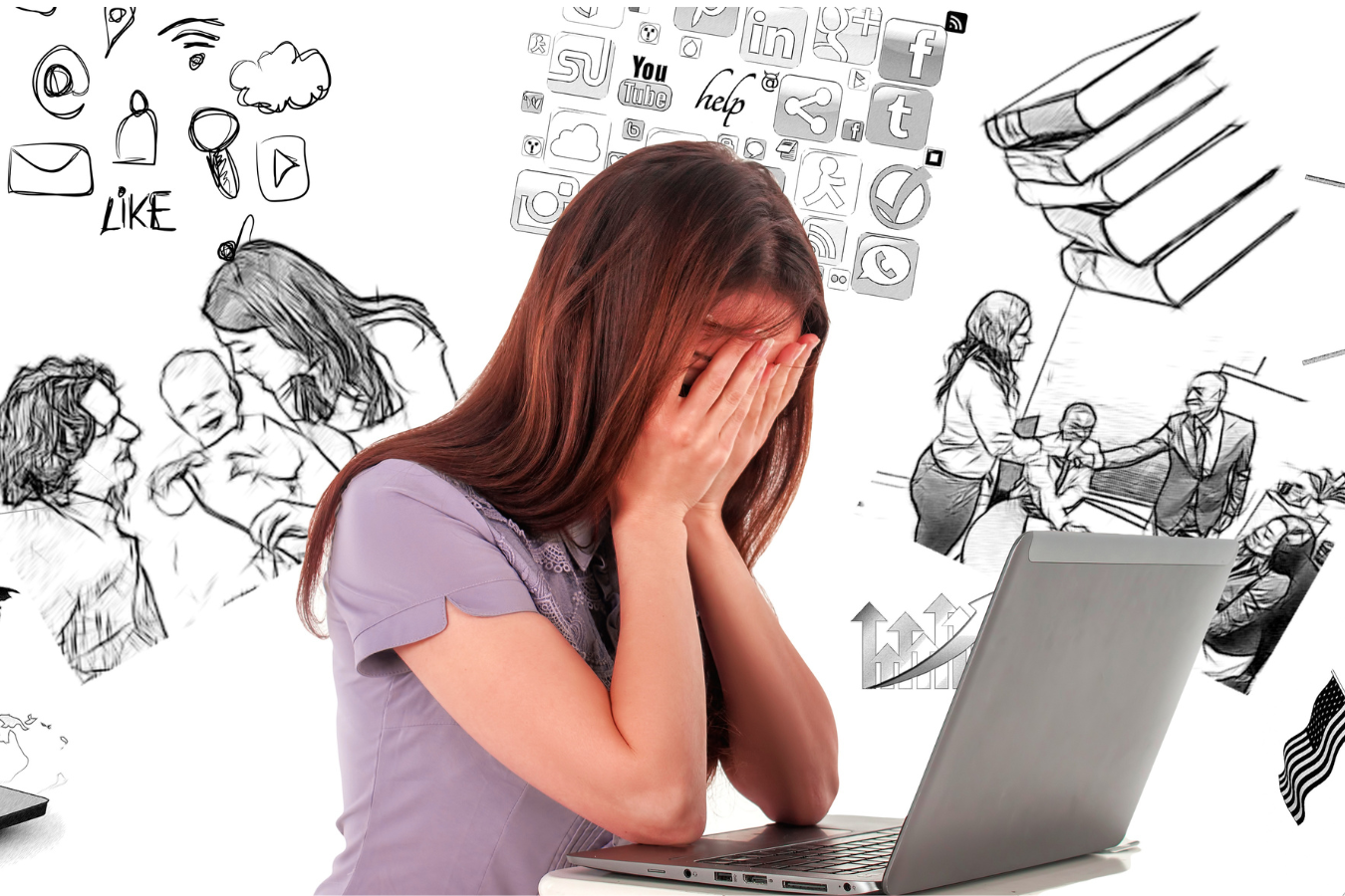 woman with face in hands in front of laptop, demonstrating stress and burnout at work