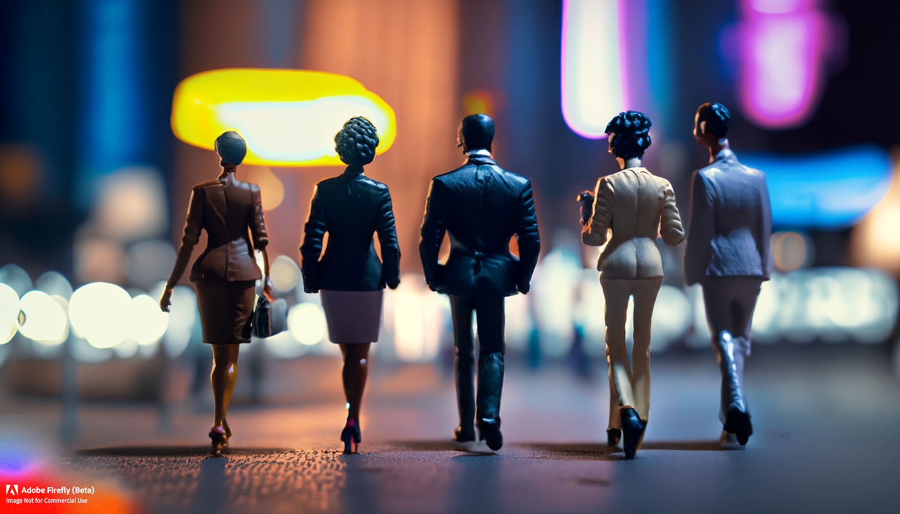 AI generated image of women and men Professional executive toy figures walking on sidewalk in a busy city night